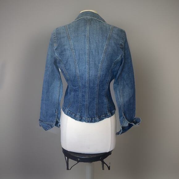 E by ECI Tailored Jacket Blue Denim Embroidered Floral Collared Snaps Read Size - Picture 3 of 11